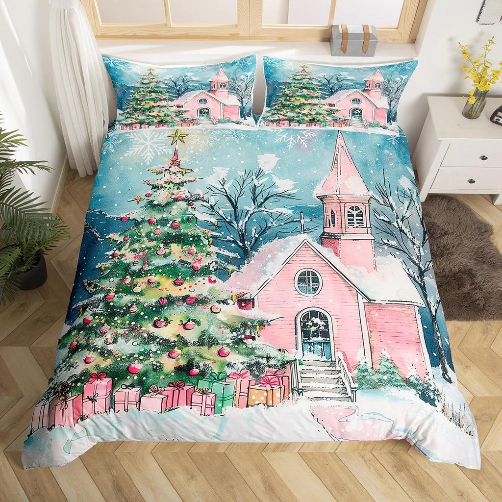 God Jul Sängkläder Rosa Påslakan Full Storlek Julgran Snögubbe Påslakan Drömsk Snöflinga Sängöverkast 3 delar