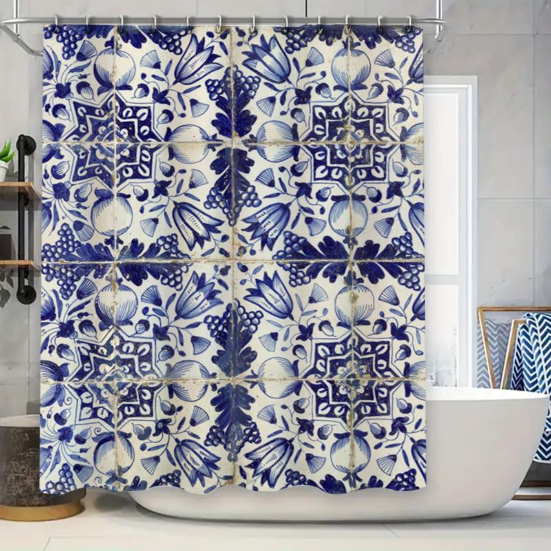 

Vintage Blue White Floral Shower Curtain Polyester Fabric Waterproof Bathroom Decor Home Kitchen Decoration W60H190(CM)-1 Pcs