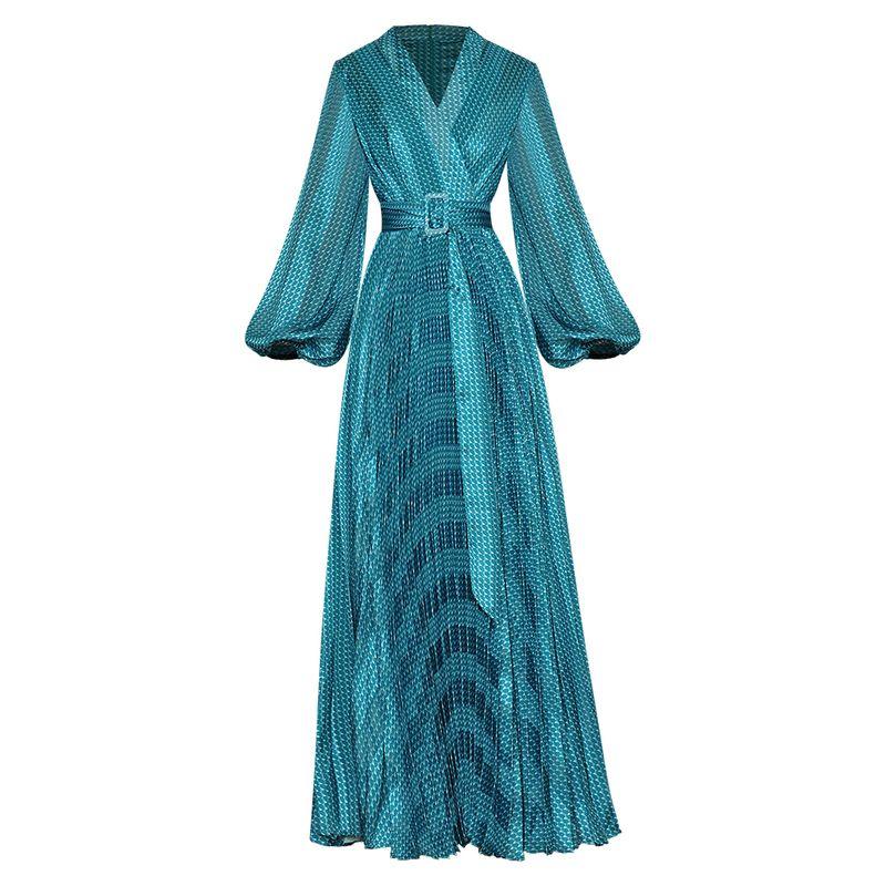 

French Plaid V-neck Lantern Long Sleeve Shoelace Cinched Pleated Wide Hem Printed Long Elegant Dress 2025 Spring Blue-Green S