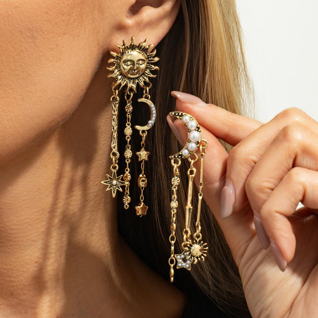 Ingemark Boho Exquisite Imitation Pearl Moon Star Drop Earrings for Women Metal Tassel Chain Hanging Earrings New Jewelry Gift