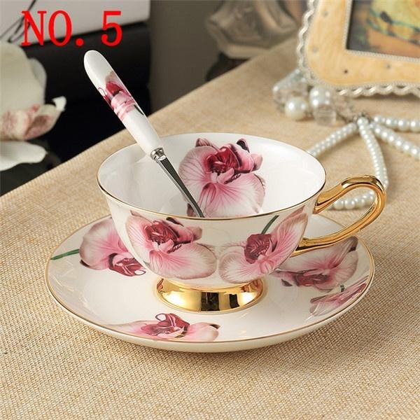 2025 Flowers Painting afternoon tea Coffee Cups Bone china Tea Cup and Saucer Spoon Set Advanced Porcelain Mug for Gifts