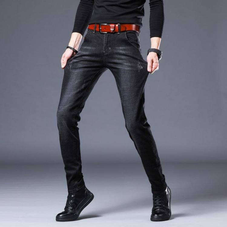 Slim Fit Black Jeans for Men Casual Tight Pants Pure Denim