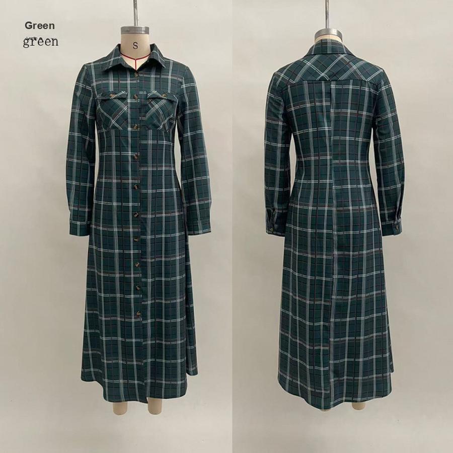 

Осень Новое Принтованное Повседневное Женское Макси Платье-Рубашка с Длинным Рукавом в Клетку S зелёный