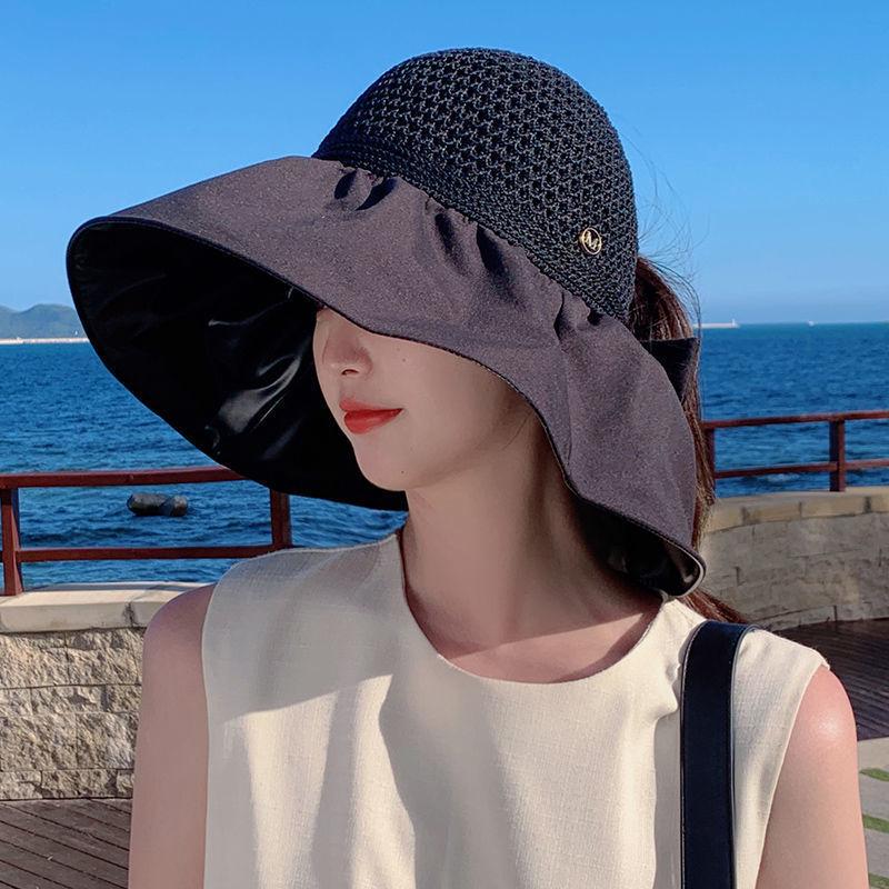 Women's Summer UV-Resistant Open-Top Black Hat with Bow and Wide Brim