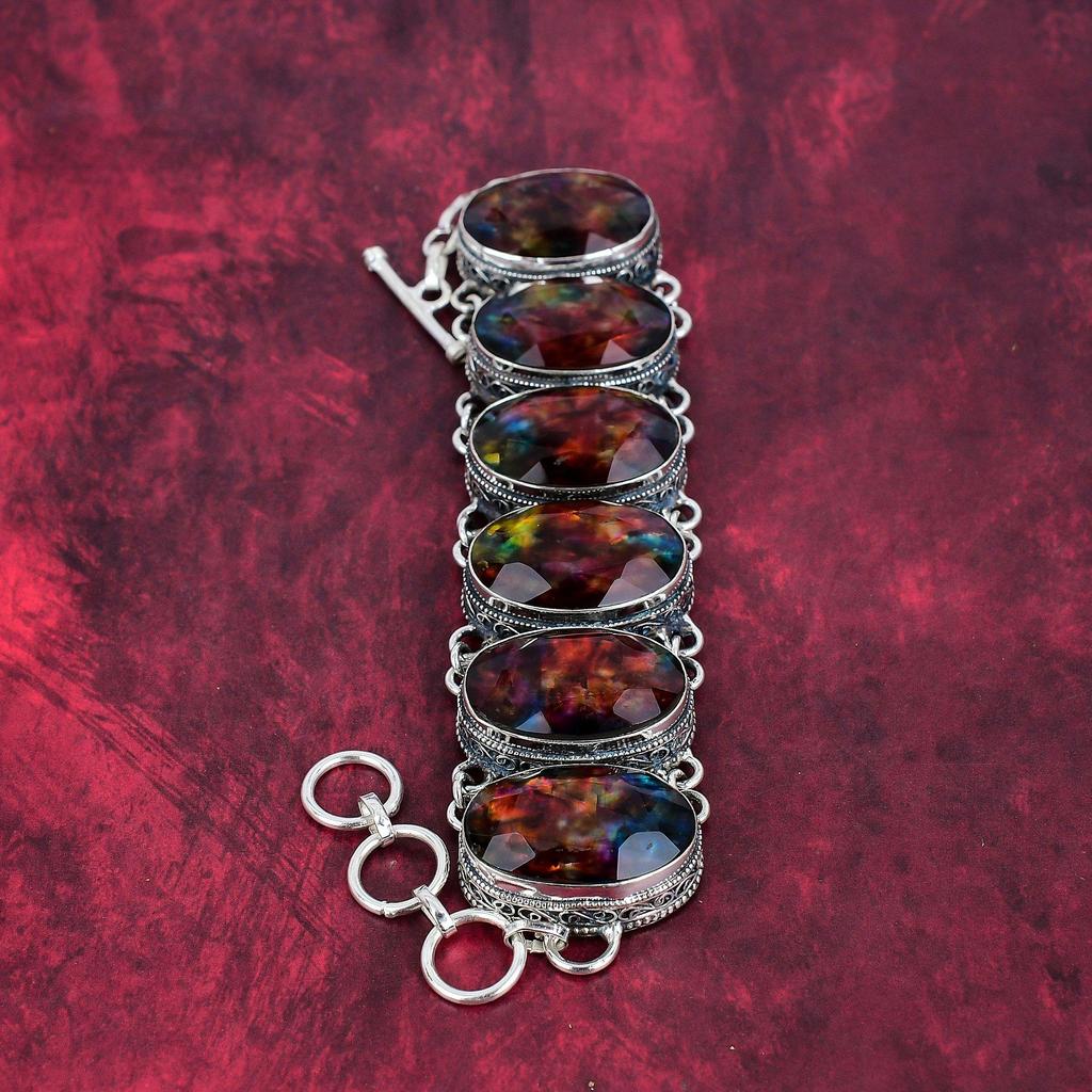 Ammolite Bracelet Gemstone Jewelry, 925 Solid Sterling Silver Bracelet, Adjustable Handmade Chain Bracelet Gift For Wife Jewelry