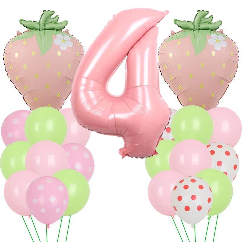 Fruit Strawberry Flower Foil Balloons with 40inch Pink Number Balloon Berry First Birthday Girl Sweet Summer Party Supplies
