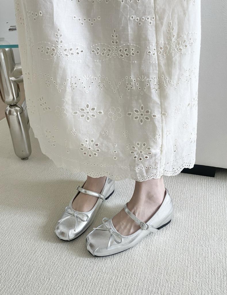 Bow Silver Mary Jane Single Shoes Women's 2025 Summer New French Flat Bottom Round Head Light Mouth One-word Ballet Shoes