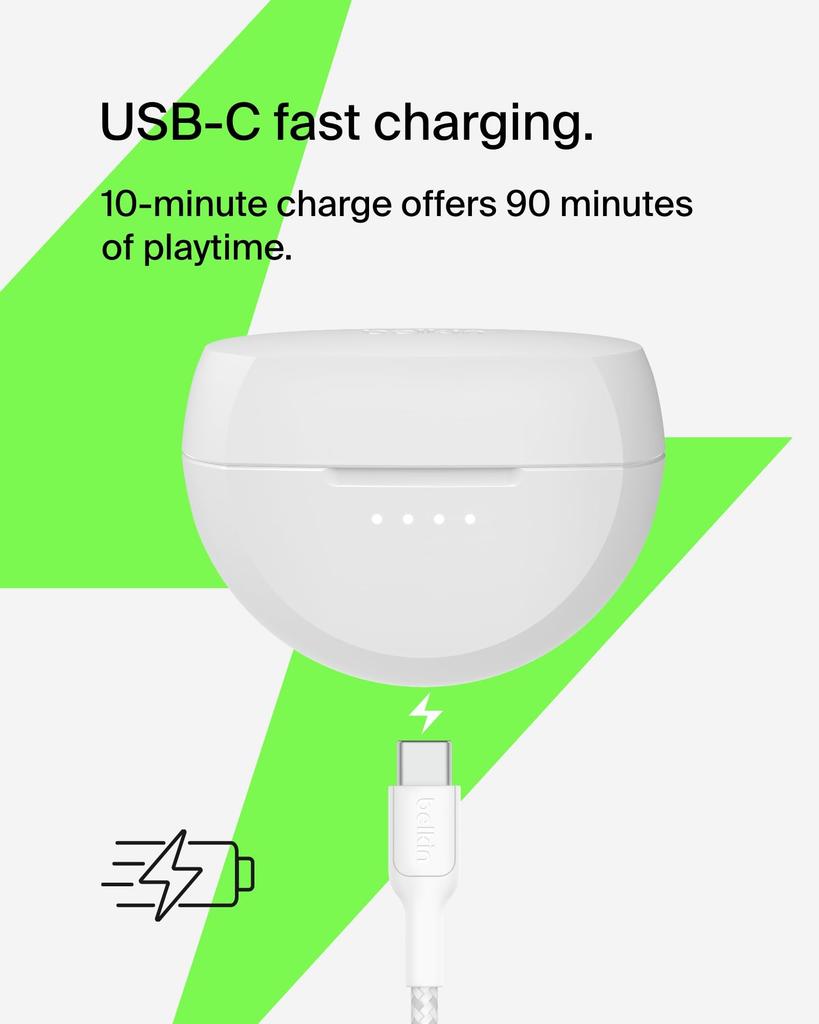 Belkin SOUNDFORM Rhythm True Wireless Earbuds Bluetooth 5.3 5.8mm Drivers 30H Playback Call Noise Reduction Fast Charging IPX4 White AUC012btWH