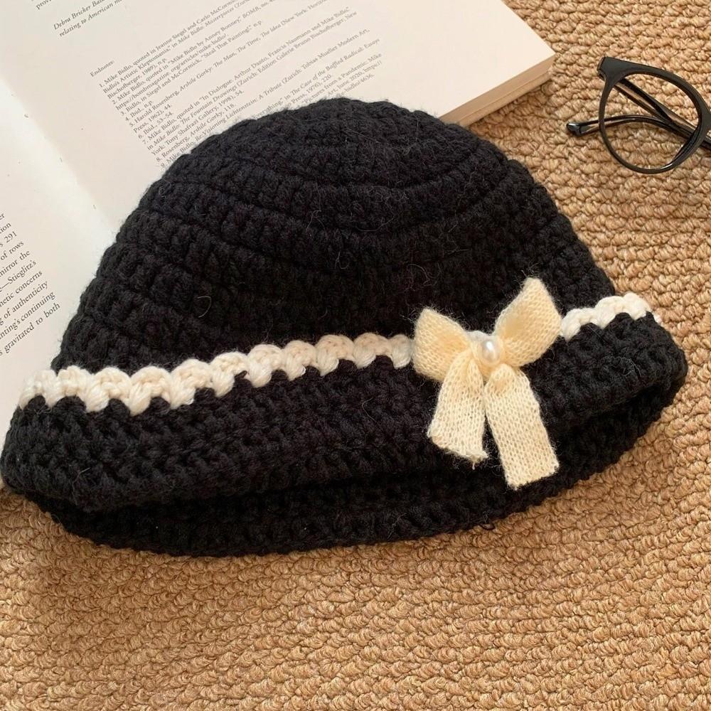 Hand-Knitted Bucket Hat 3D Bow Crochet Beanie Hat Elegant Knitted Basin Hat
