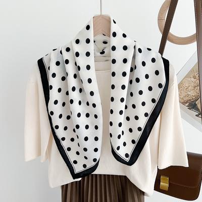 Korean Version of Fashionable and Simple Black and White Polka Dot Silk Scarf 61CM Herringbone Pattern Small Square Scarf Neck Protection Scarf Decora