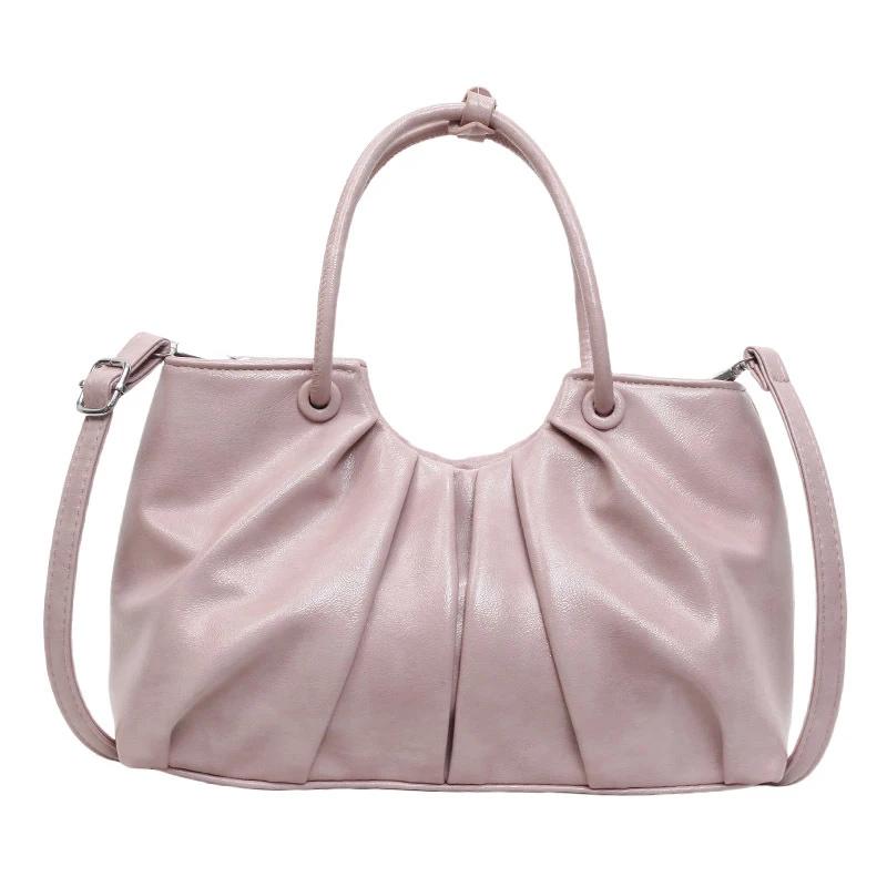 Vintage Pleated Women Crossbody Bag Fashion Pu Leather Tote Bucket Bag Large Capacity Commuting Shoulder Handbag