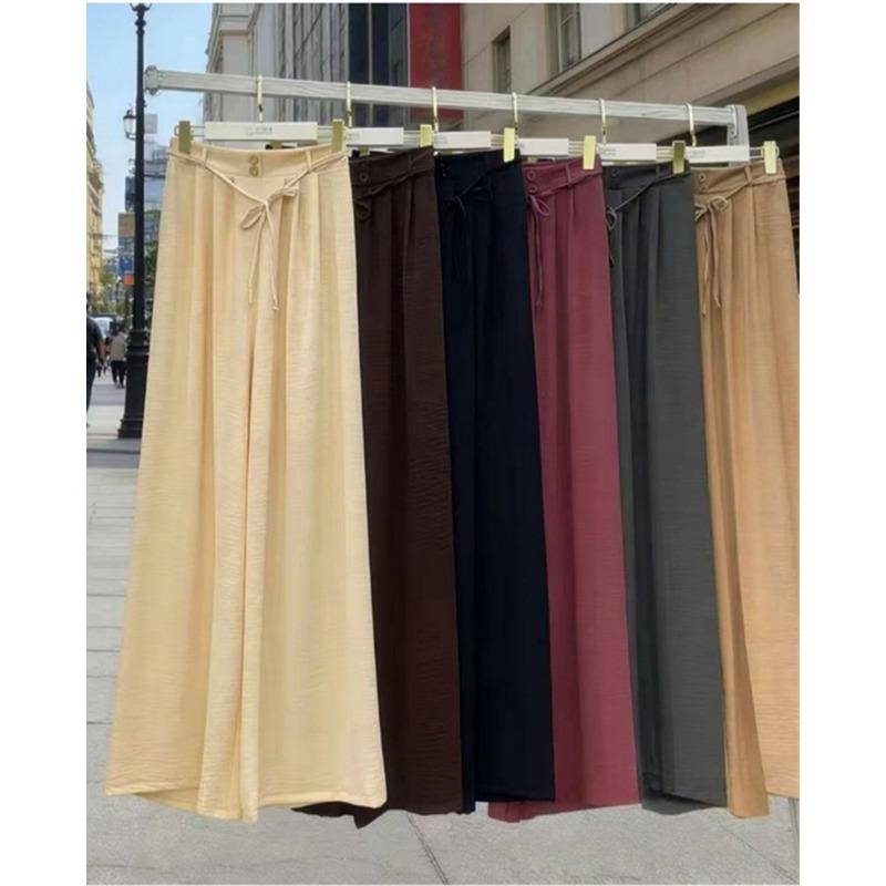 Casual Loose Lace-up Women's Wide-leg Pants Spring Summer Solid Color Elastic Waist Sweatpants Lace-up Trouser Women's Casual Simple Clothing