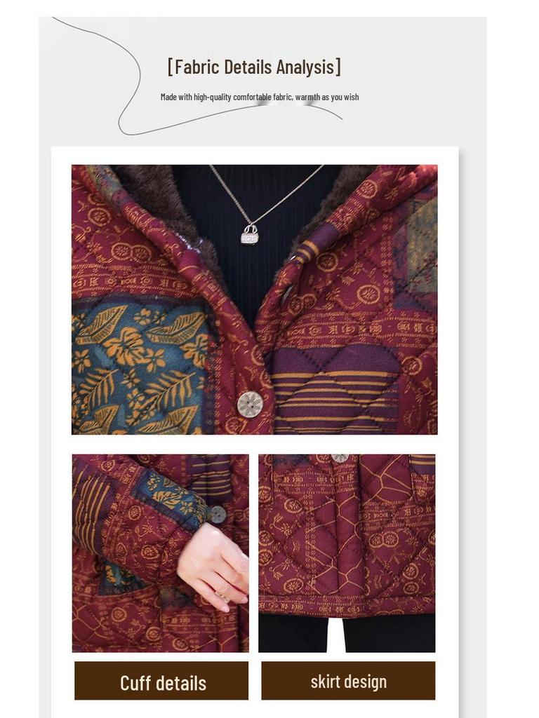 Floral Hooded Velvet Cotton Jacket for Middle-Aged & Elderly Women - Warm Winter Coat