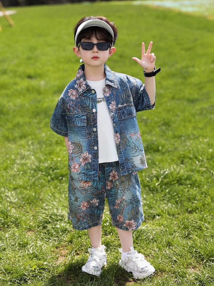 Boys Trendy Floral Denim Shorts and Shirt Set - Summer 2026 120 cm