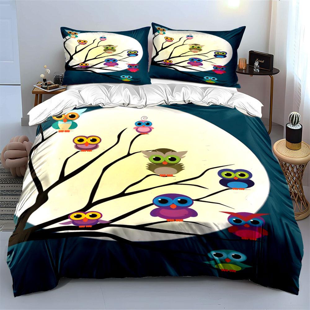 Colorful owls on branches. Bedding sets Duvet cover sets Duvet covers Pillowcases(1*Duvet Cover 2*Pillowcases without duvet insert)