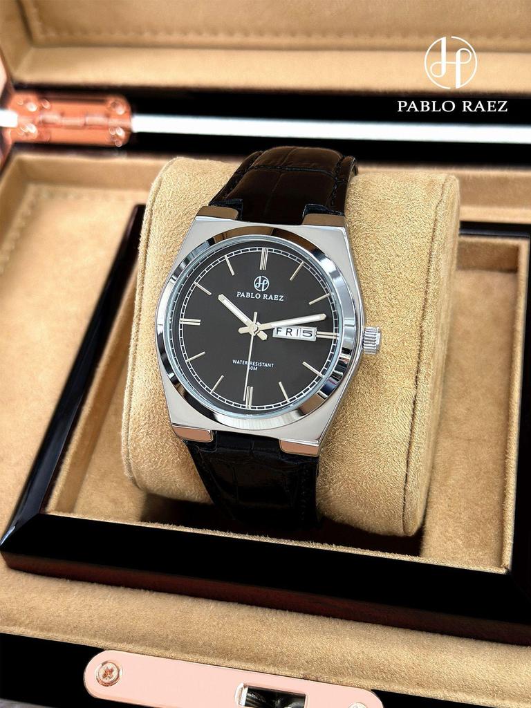 PABLO RAEZ Men's Dual Calendar Waterproof Quartz Watch with Leather Strap