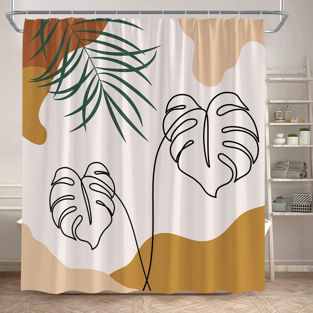Abstract Mid Century Shower Curtains Green Leaf Modern Geometric Black Lines Aesthetic Art Bathroom Curtain Decor Set With Hooks