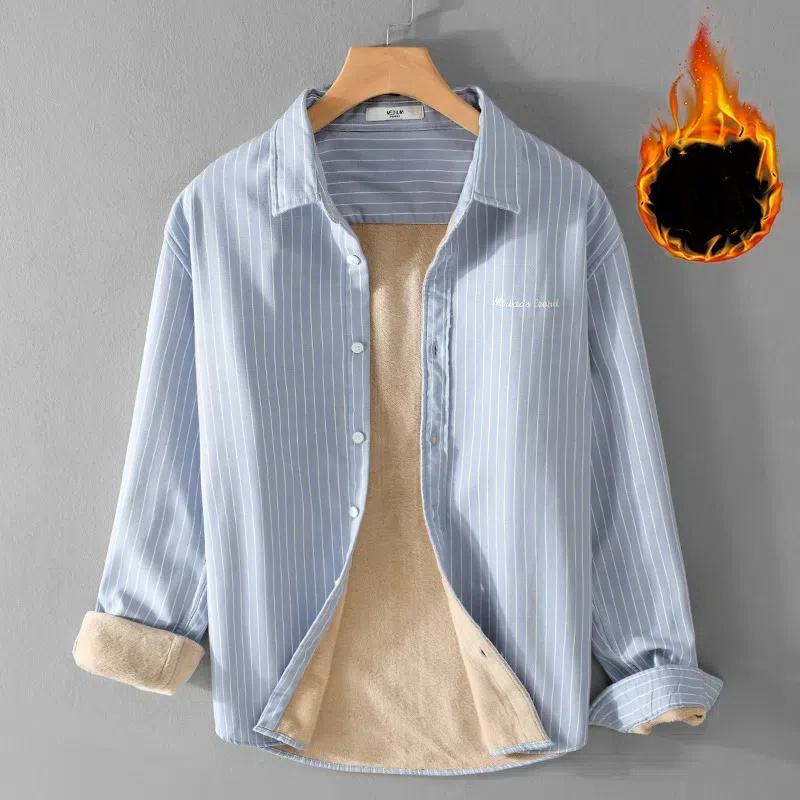 

Зимние теплые рубашки для мужчин, повседневная утепленная полосатая рубашка с длинным рукавом, повседневные топы с воротником-лацкан, флисовая рубашка, молодежная популярная мужская одежда XXXL светло-синий