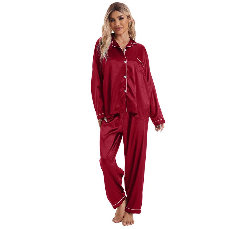 Women's Plus Size Satin Lapel Pajama Set - Long Sleeve & Pants
