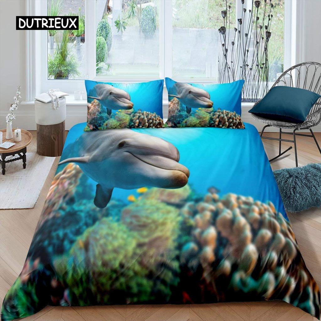 Seturi de lenjerie de pat 3D Delfin în marea albastră Queen Queen King Size Set husă de pilotă cu o singură pilotă pentru copii Pat adulți Lenjerie de pat din poliester