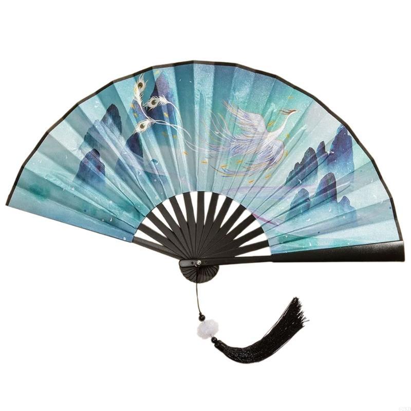 62KD Handhelds Folding Fan Elegant Chinese Vintage Painting Double Sided Hand Fan with Tassels for Dance Home Decorations