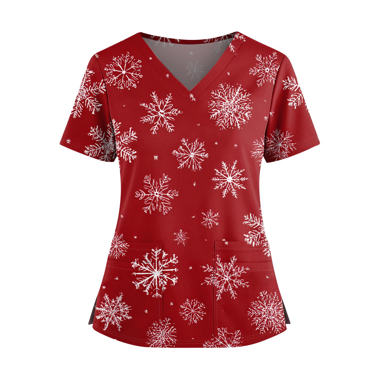 

Жіноча різдвяна футболка з принтом, V-подібним вирізом, подвійними кишенями, короткими рукавами, розрізом по подолу, уніформа доглядальниці XXXL червоний