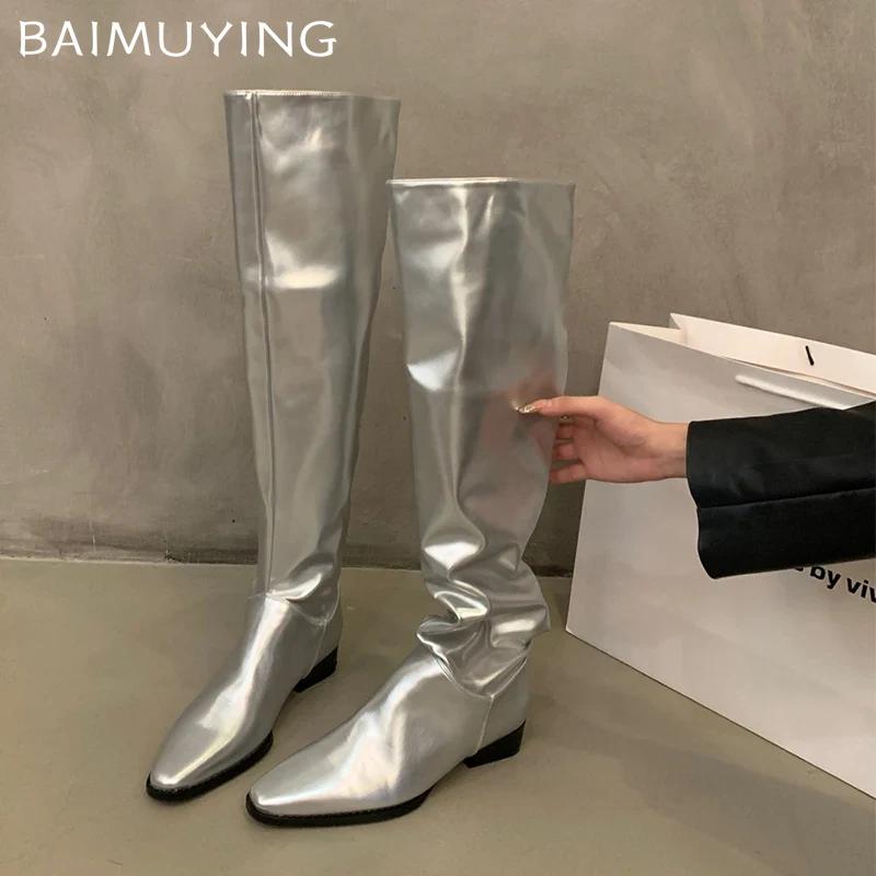Silbrig Frauen Overknee Stiefel Winter Elegante klobige Lederschuhe Frau Trend Goth Schnee Chelsea Botas De Mujer
