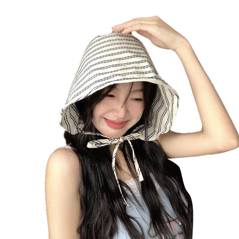 1Pcs Large Brim Foldable Bucket Hats With String For Women Korean Striped Female Panama Bob Outdoor Mountaineering Hat