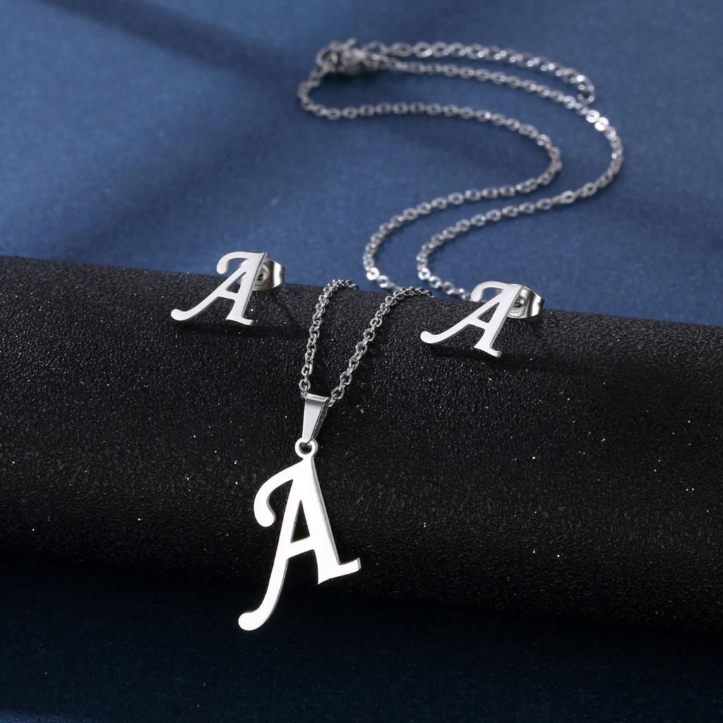 Fashion Alphabet Necklace And Earrings Set Shiny Colorfast Pendant Choker Jewelry