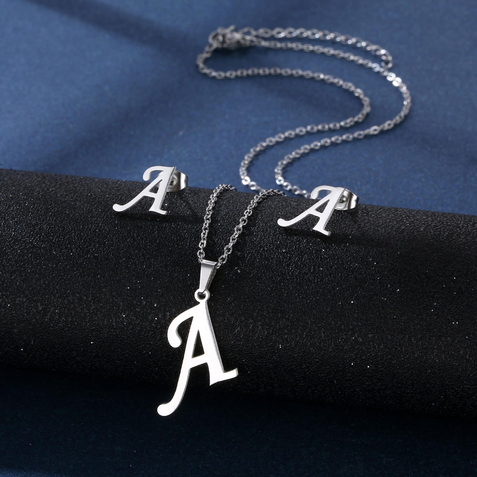 Fashion Alphabet Necklace And Earrings Set Shiny Colorfast Pendant Choker Jewelry
