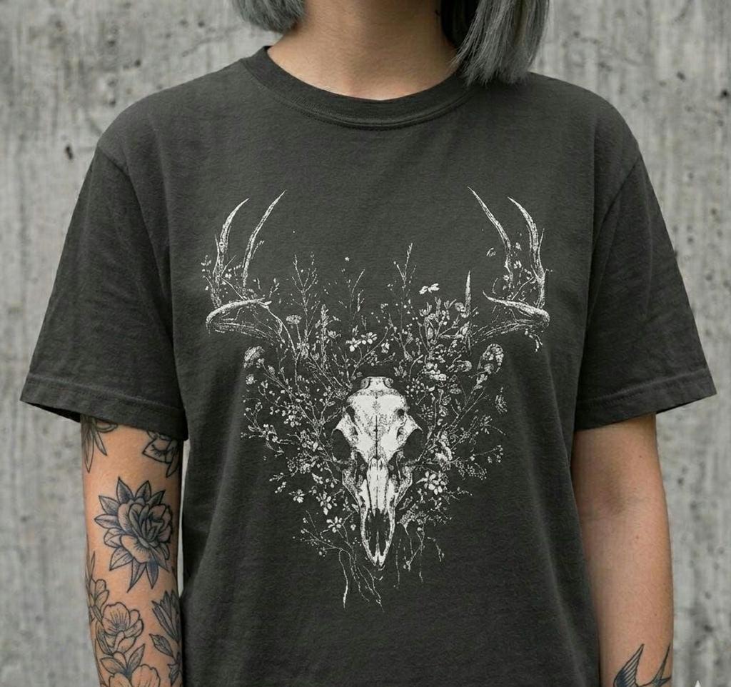 Wildflower Deer Skull Shirt, Antler Botanical Graphic Tee, Dark Cottagecore Alt Clothing, Comfort Colors Goth Gift