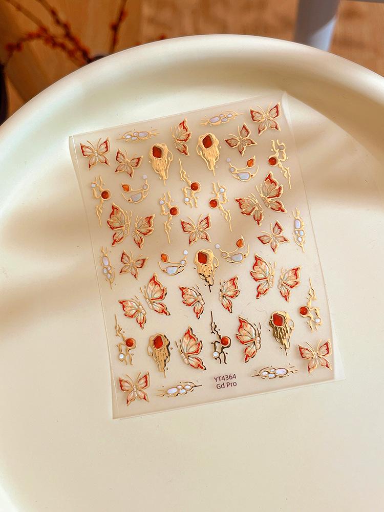 

YITU Red Butterfly Nail Stickers: Hot Stamping Jelly Design with Back Adhesive - YT4364 Liquid Light Luxury Nail Art.