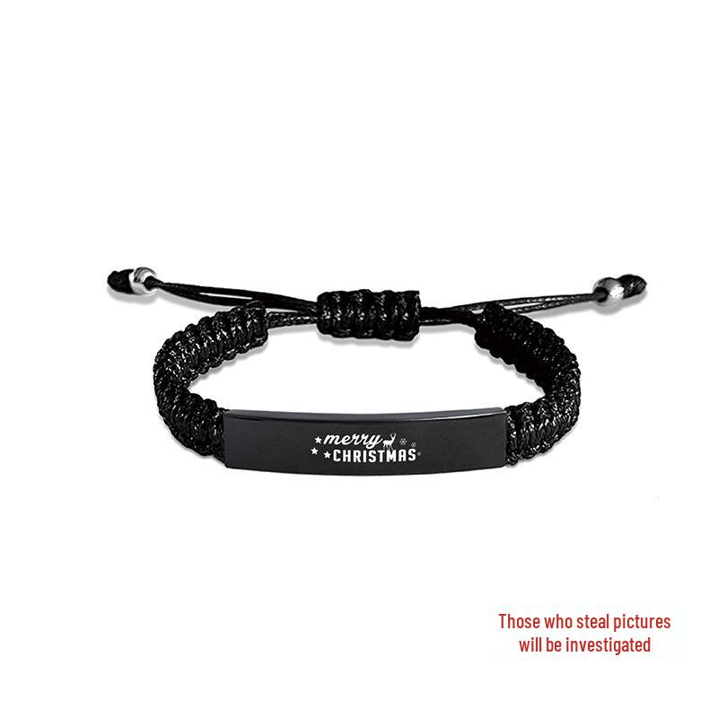Christmas Handmade Woven Bracelet with Engraved Curved Stainless Steel Plate