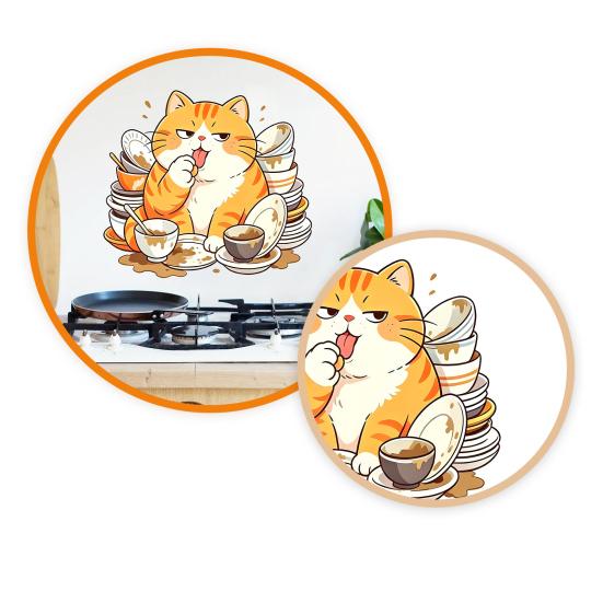 Cartoon Cat Wall Sticker, Funny Orange Cat Bathing/Licking Wall Decal, Peel And Stick Self-Adhesive PVC Room Mural for Kitchen, Bathroom