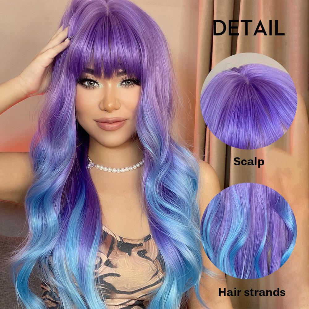 oneNonly Purple Blue Wig with Bangs Long Wavy Cosplay Lolita   Women Wigs  Halloween Party High Temperature Hair