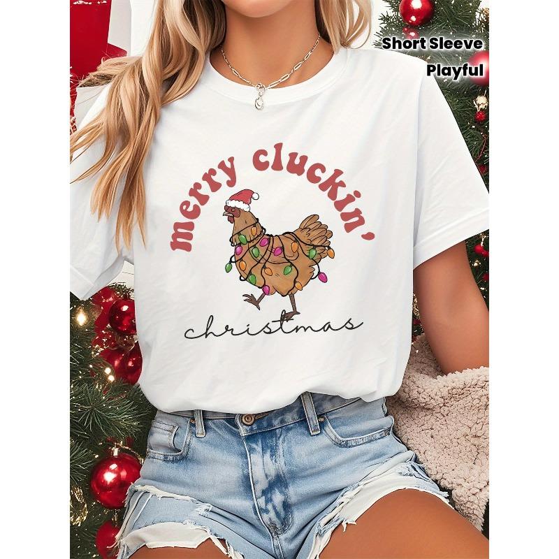 

European size Merry Cluckin Christmas Print Women s Short Sleeve T-Shirt, Casual Holiday Gift for Friends and Parties, 4XL
