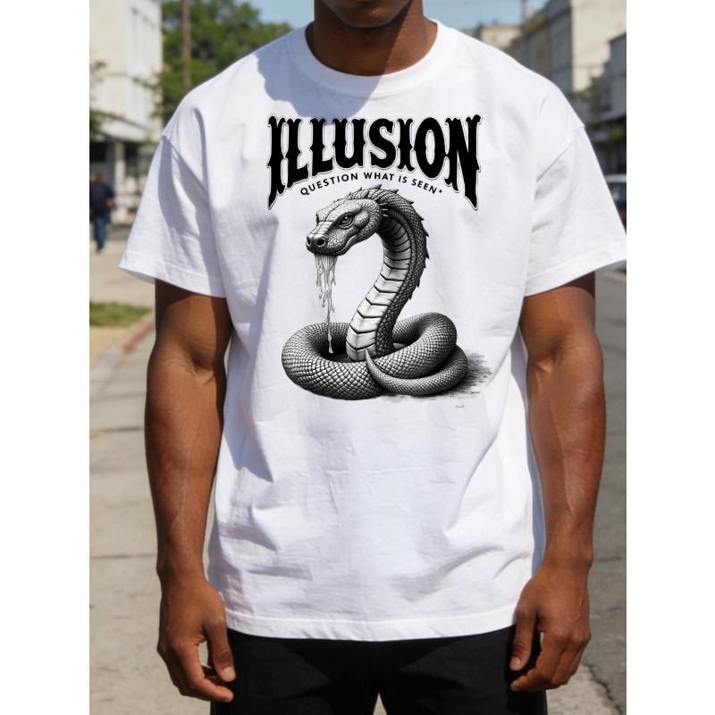 Tallas europeas Camiseta de hombre con cuello redondo Diseño de Serpiente e Ilusión Corte holgado 100% Puro Moda Tejido versátil Suave y cómoda Adecuada