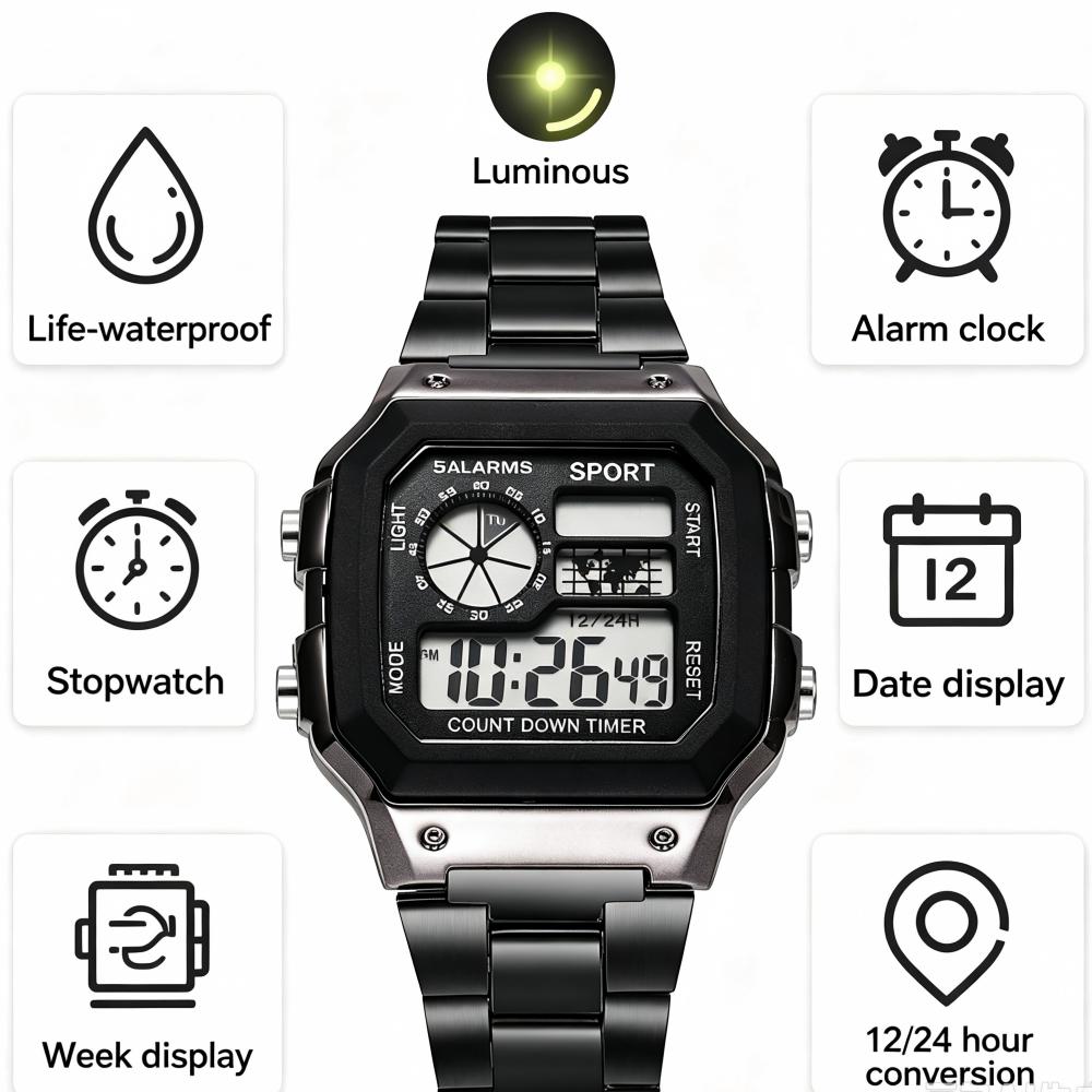 YIKAZE Digital Watch Men's Stainless Steel Strap Countdown Sport Watch Waterproof LED Electronic Wristwatch for Men Gift