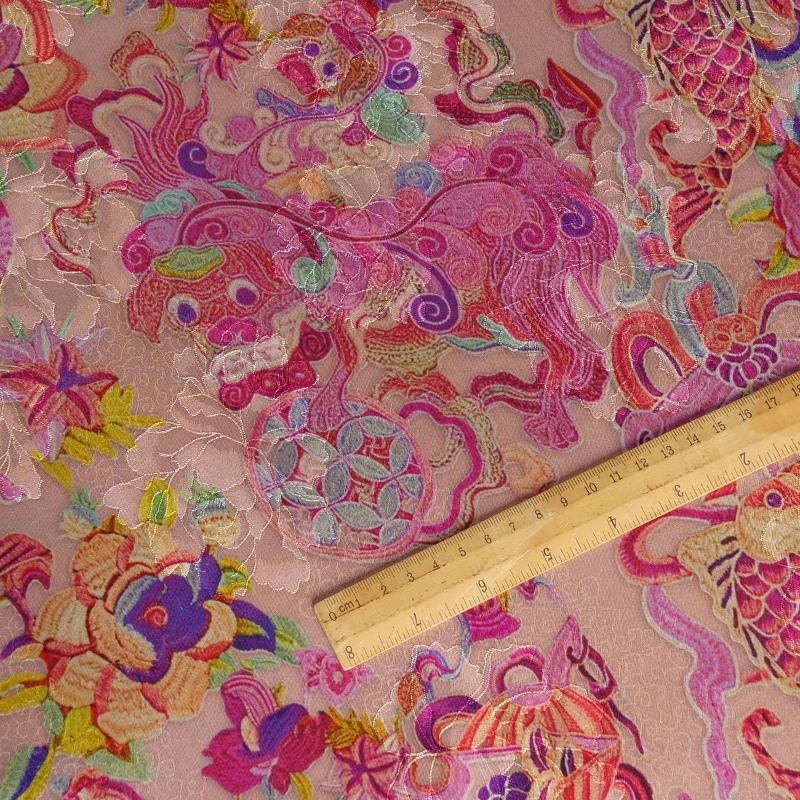 100x145cm Pink Flower Rose Jacquard Fabric Double Fish Lion Qilin Xiangyunsha New Chinese-style Cheongsam Dress Top Fabric