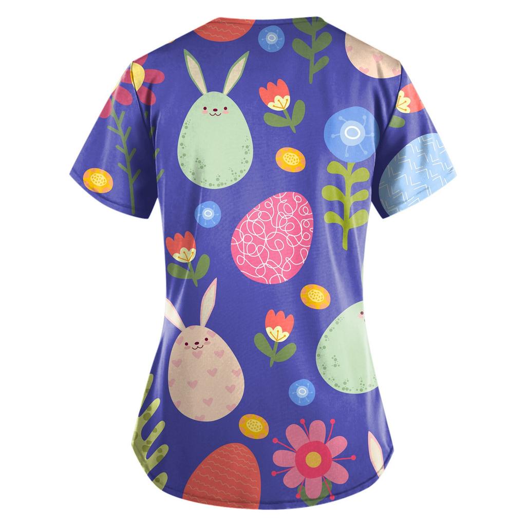Women Fashion Easter Print V-neck Short Sleeve Workwear With Pockets Tops