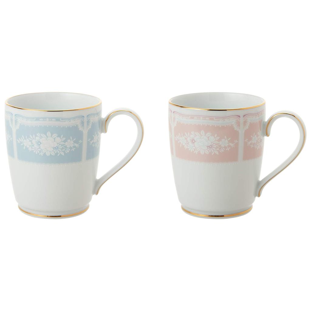 Noritake Mugs (Color-Changing Pair Set) 280cc Lacewood Gold, Blue and Pink Fine Porcelain, P9755A/1507-14