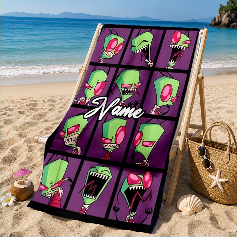 Custom Name Alien Expressions Collection Heart In Space Adventure Microfiber Beach Towel, Lightweight for Summer Travel, Swimming Pool Fan Gift