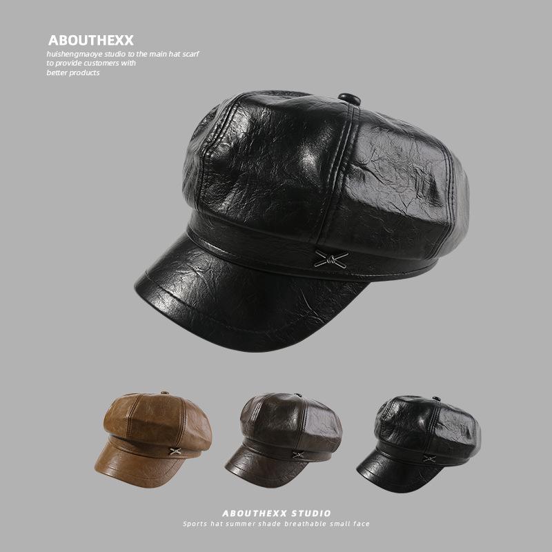 Hat Women's Face-showing Small PU Leather Octagonal Hat New Navy Beret British Retro All Match Newsboy Hat