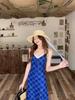Women's Blue Plaid V-Neck Summer Dress - Hip-Hugging, Slim Waist, Open Back, Long Skirt