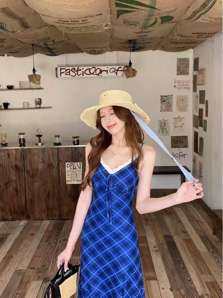 Women's Blue Plaid V-Neck Summer Dress - Hip-Hugging, Slim Waist, Open Back, Long Skirt