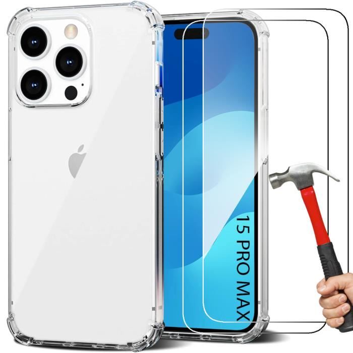 Coque de protection - BOOLING - pour iPhone 15 Pro Max - Silicone Transparent - Antichoc - 2 Verres Trempés