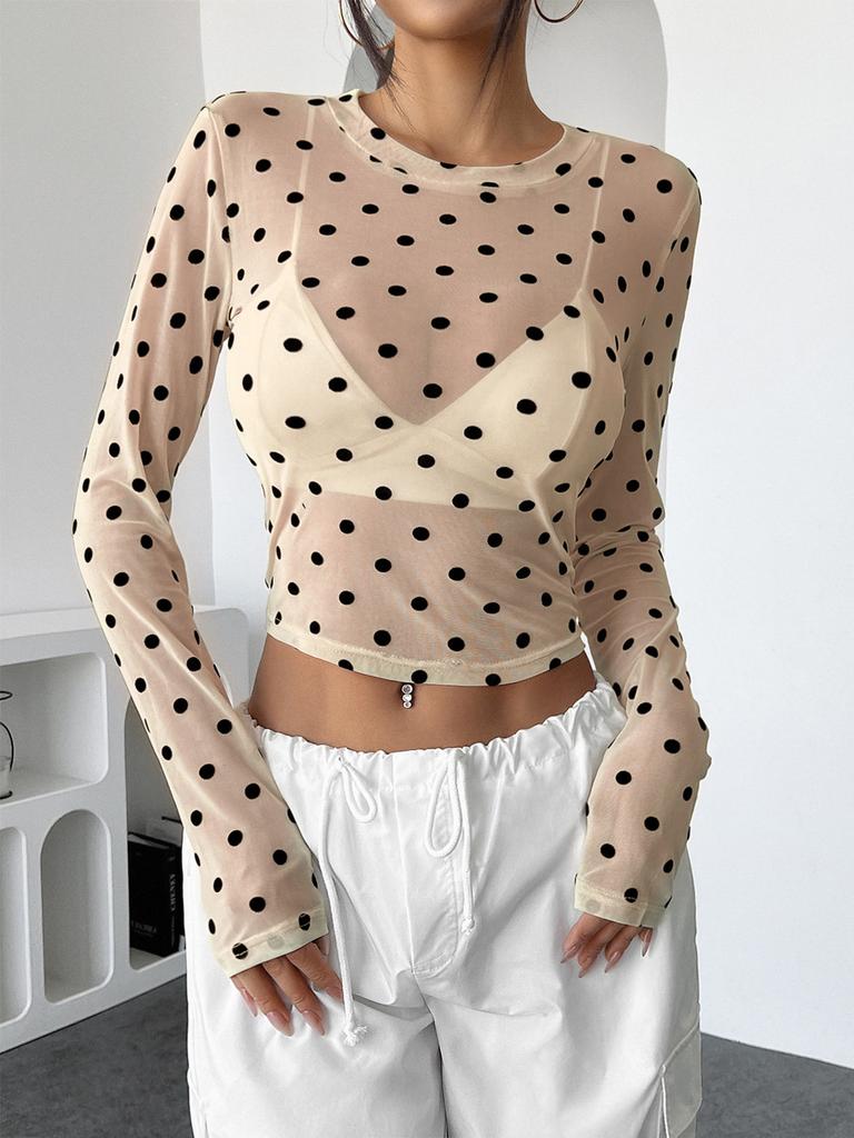 Sexy Mesh T Shirt For Women With Polka Dot Pattern And Long Sleeves For Streetwear Fashion