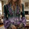 Women Shirt Oversize V-Neck Long Sleeve Casual Spring Autumn Shirt 3D Flower Printed Pattern Relaxed Fit Shirt Daily Wear