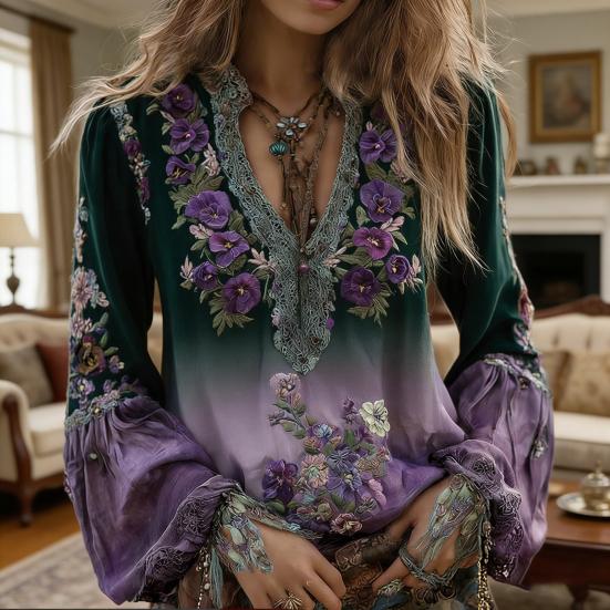 Women Shirt Oversize V-Neck Long Sleeve Casual Spring Autumn Shirt 3D Flower Printed Pattern Relaxed Fit Shirt Daily Wear