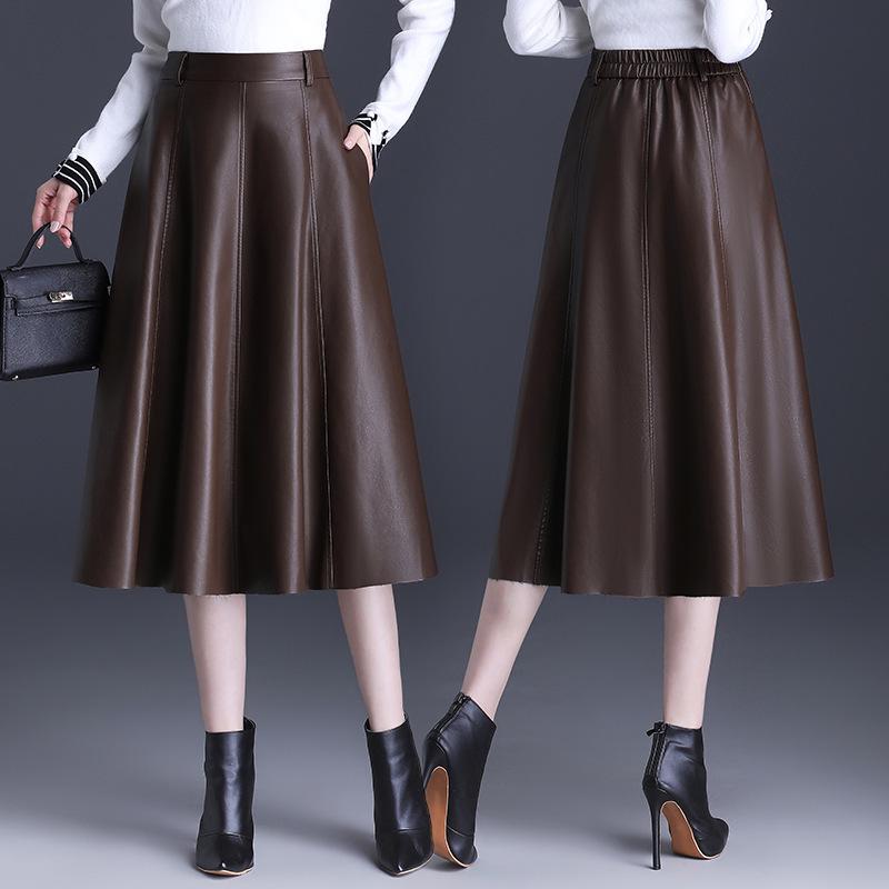 Women's High Waist Lambskin A-Line Midi Skirt - Autumn/Winter 2025 Trendy Leather Umbrella Skirt